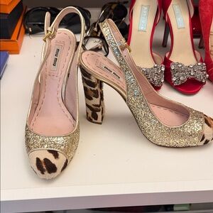 Miu Miu Gold Glitter and Leopard Print Heels